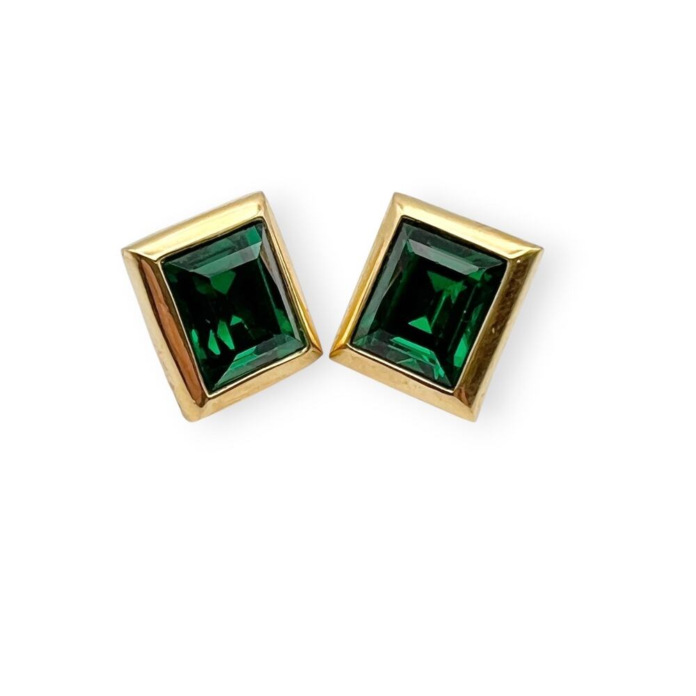 S.A.L Swarovski Deep Green Crystal Stud Earrings Gold Tone Quiet Luxury Glam Vtg